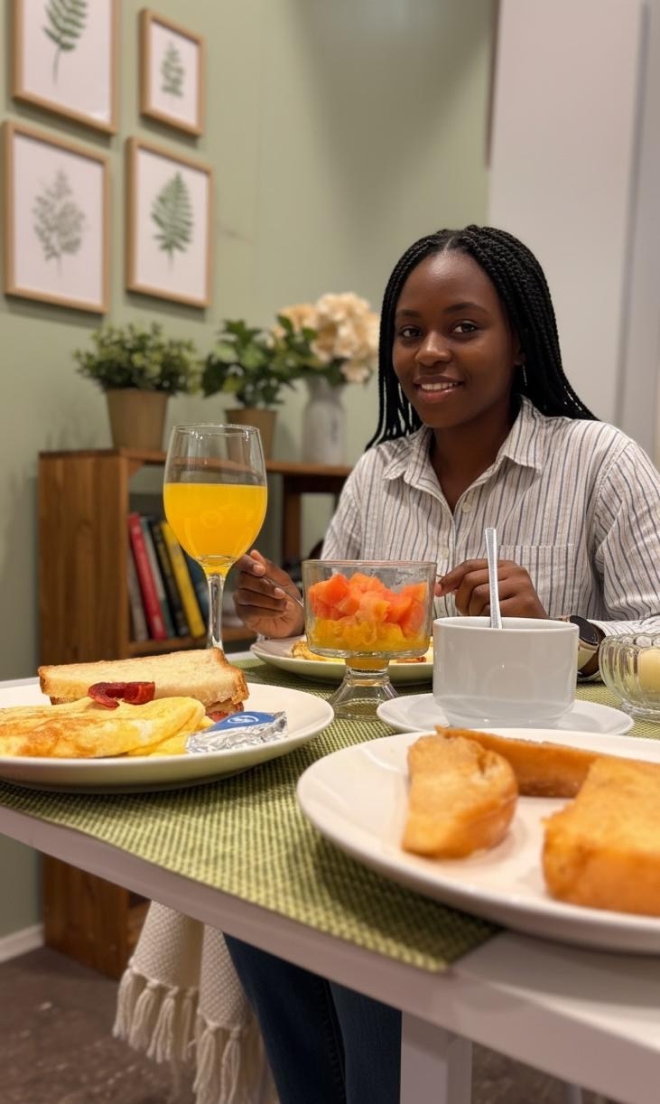 Woman enjoying a delicious breakfast with juice and toast